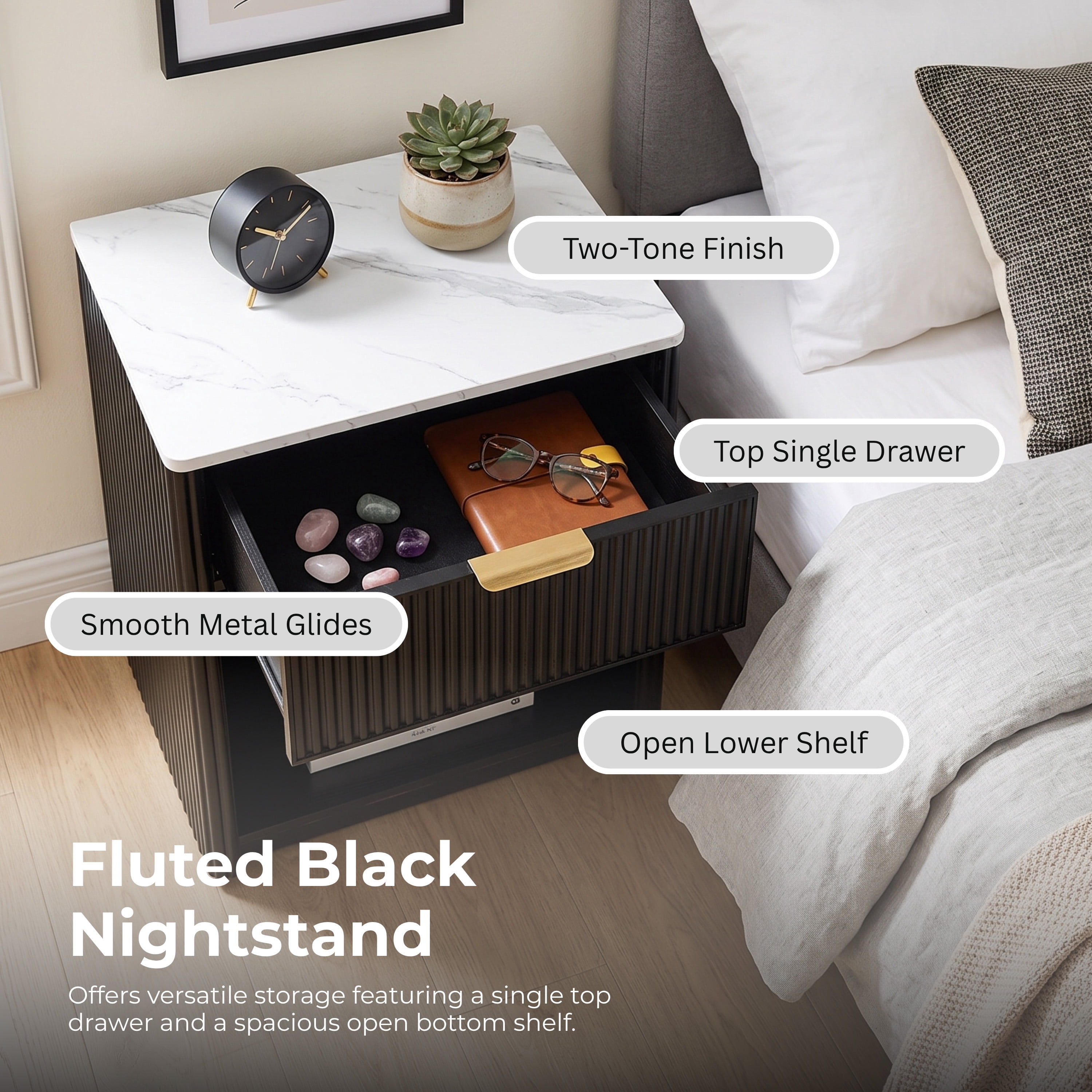 Furniture of America Elarin Modern Wood 1-Drawer Nightstand with Open Bottom Shelf, Black