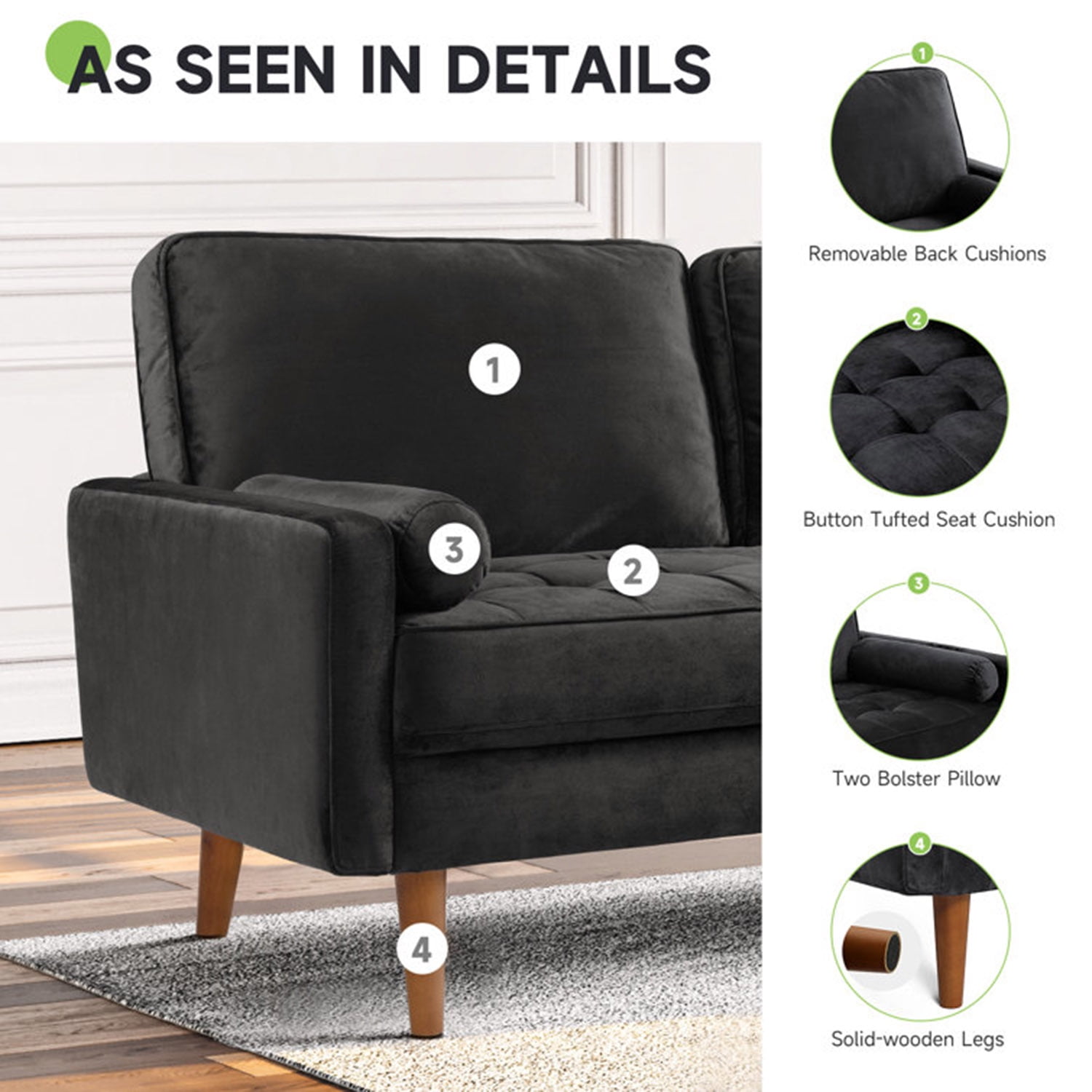 Neche Sofa for Living Room,Solid Wood Foot, 2 Seater Small Modern Loveseat Couch in a Box  - Black