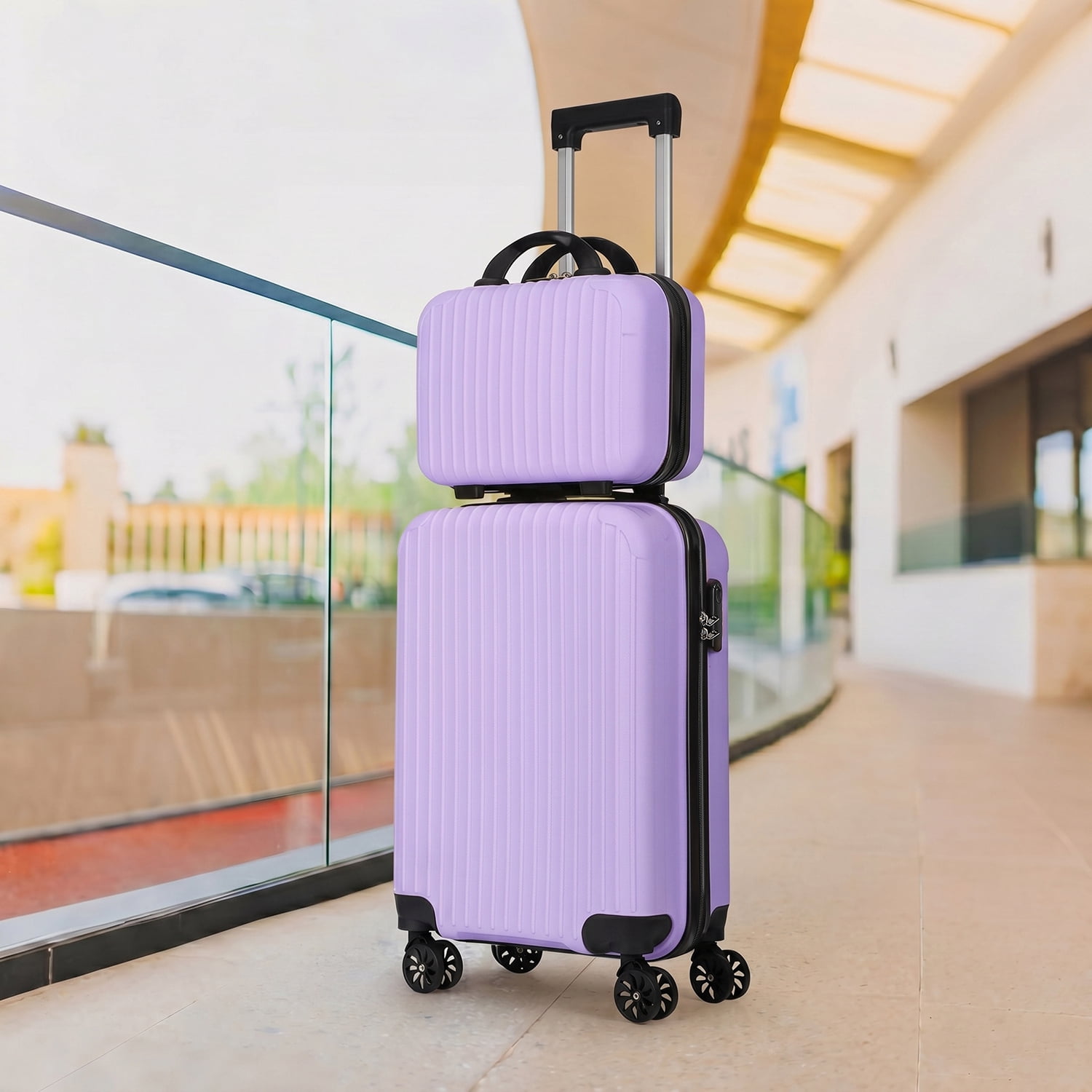 2 Piece Vertical Striped Luggage Set, Carry On Hardside Suitcase with Spinner Wheels & TSA Lock, Lightweight Travel Luggage with Cosmetic Case Purple