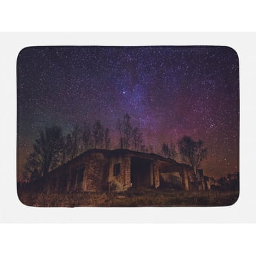 Rustic Bath Mat, Underground View of Rock Building with Stary Sky Cosmos Galaxy Universe Print, Non-Slip Plush Mat Bathroom Kitchen Laundry Room Decor, 29.5 X 17.5 Inches, Brown Purple, Ambesonne