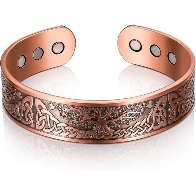 Pulsera magnética de cobre para hombres y mujeres, brazalete de cobre macizo con 6 imanes, pulsera de energía con imán de cobre rojo, tamaño ajustable con terciopelo