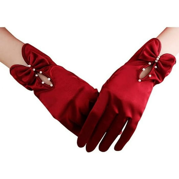 Women Elegant Bow Pearl Gloves, Short Satin Gloves, Opera Dinner Party Wedding Bridal Wrist Gloves
