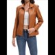 thumbnail image 1 of Chaqueta de Piel Sintética para Mujer, Estilo Motociclista, con Cremallera, Ideal para Salir. Camello XL, 1 of 10