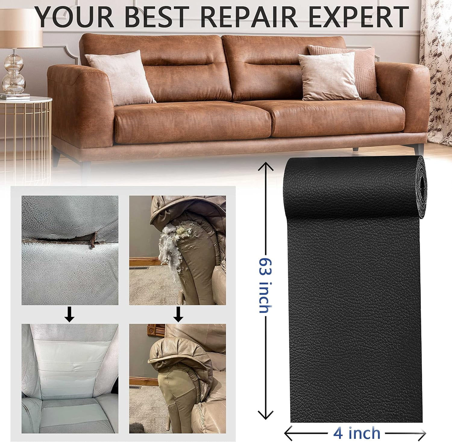 Leather Repair Patch for Furniture, 4" x 78" Self Adhesive Leather Repair Kit Vinyl Repair Tape for Car Seat Sofa Jackets Couches Chair Black