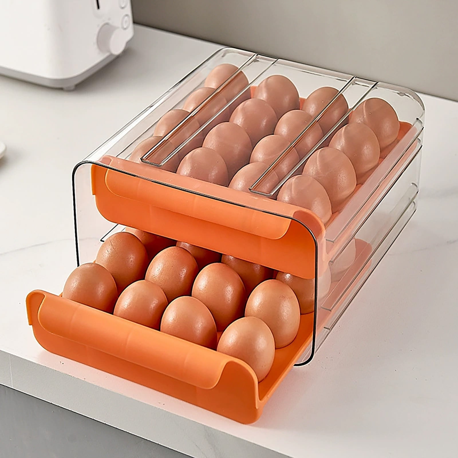 UYUH 2-Tier Egg Holder for Fridge, Large Capacity Stackable Egg Organizer Container, Clear Refrigerator Drawer Tray for Eggs, Space Saving and Easy Access Kitchen Storage