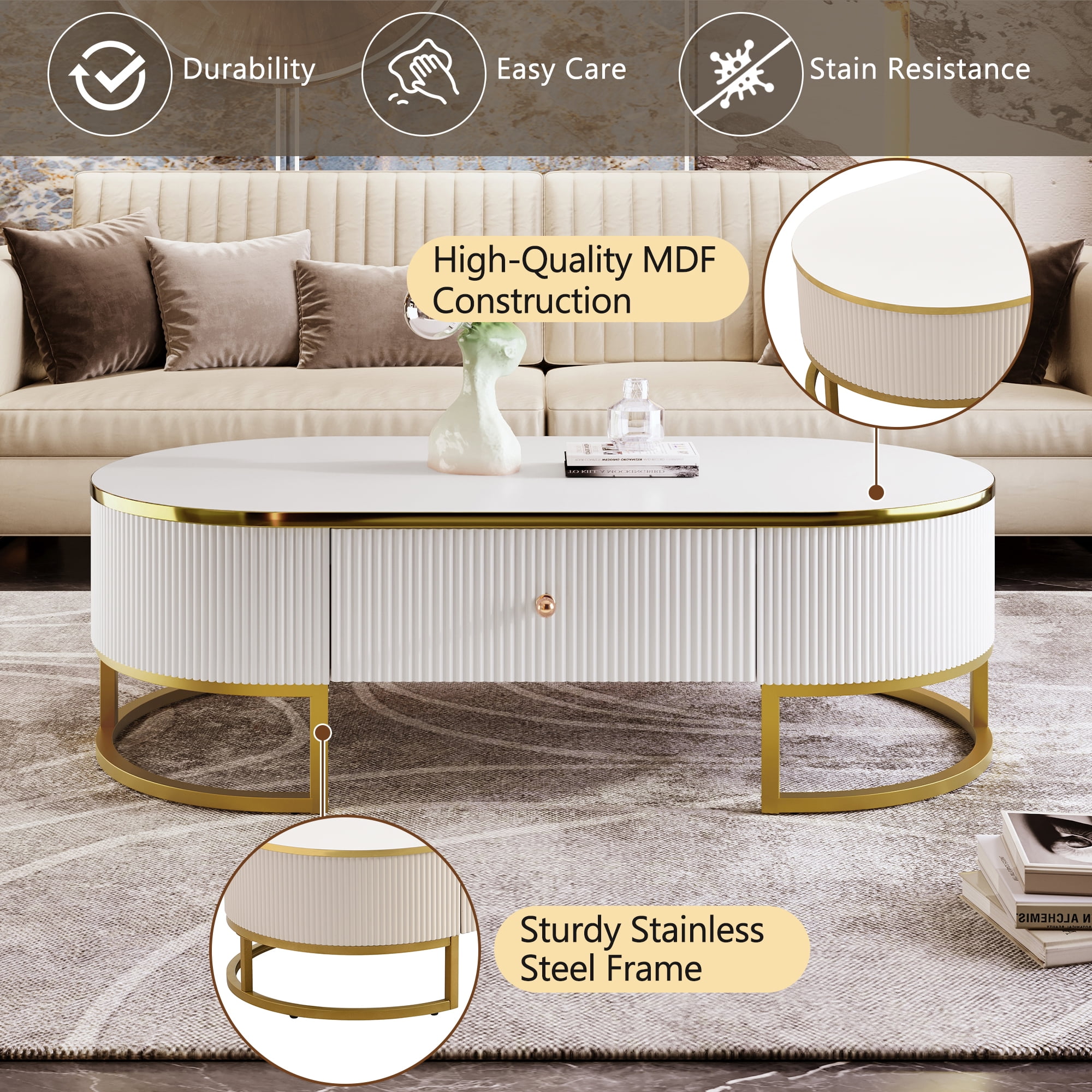 Euroco Modern Oval Coffee Table with Drawers,Curved Profile Design, Gold Metal Decor, Center Table for Living Room in 47.2"