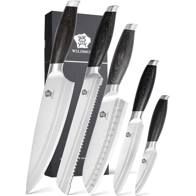 WILDMOK Professional Knife Set, 5 Pieces Kitchen Knife Set, German Stainless Steel Chef Knife Set with Gift Box, Black Pakkawood Handle