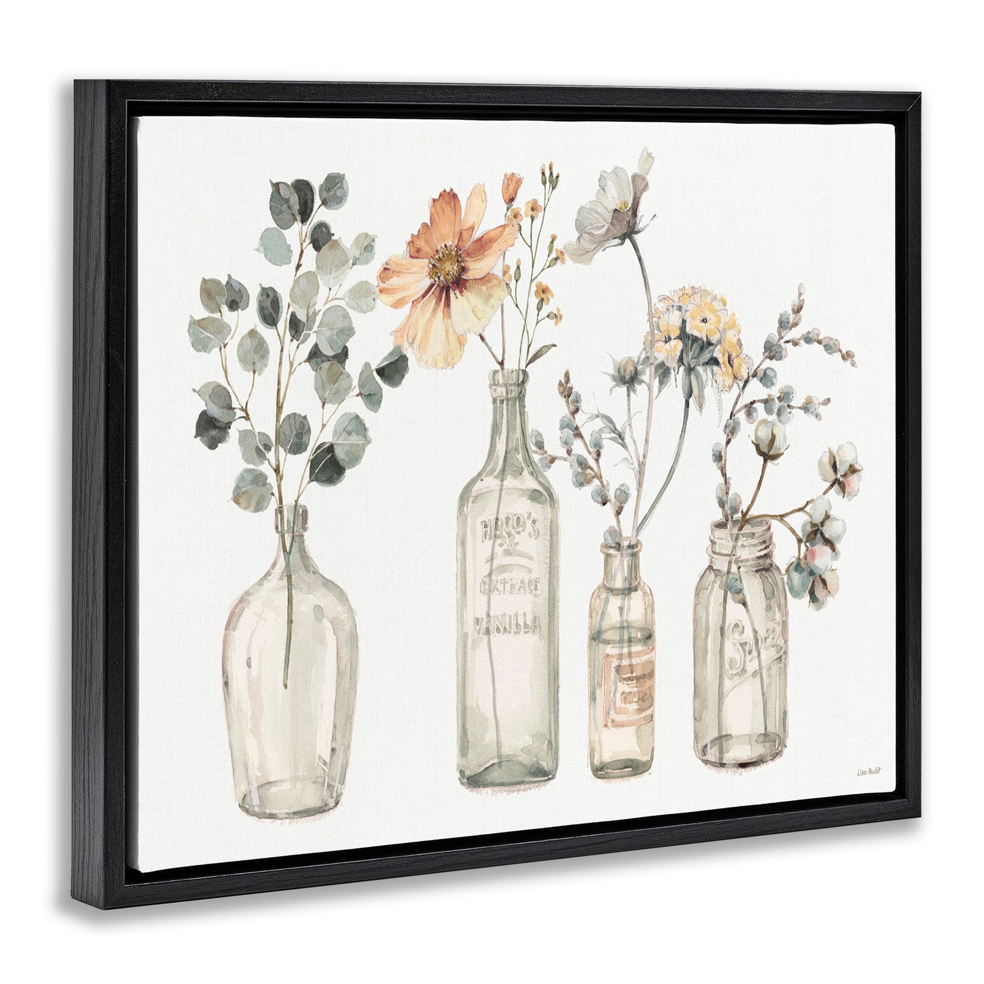 Stupell Industries Antique Floral Bouquets Flowers Glass Jar Painting Jet Black Framed Floating Canvas Wall Art, 16x20, by Lisa Audit