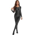 thumbnail image 2 of TiaoBug Womens Oil Shiny Bodystocking Long Sleeve Full Body Jumpsuit Gymnastic Workout Leotard Bodysuit Black M, 2 of 7