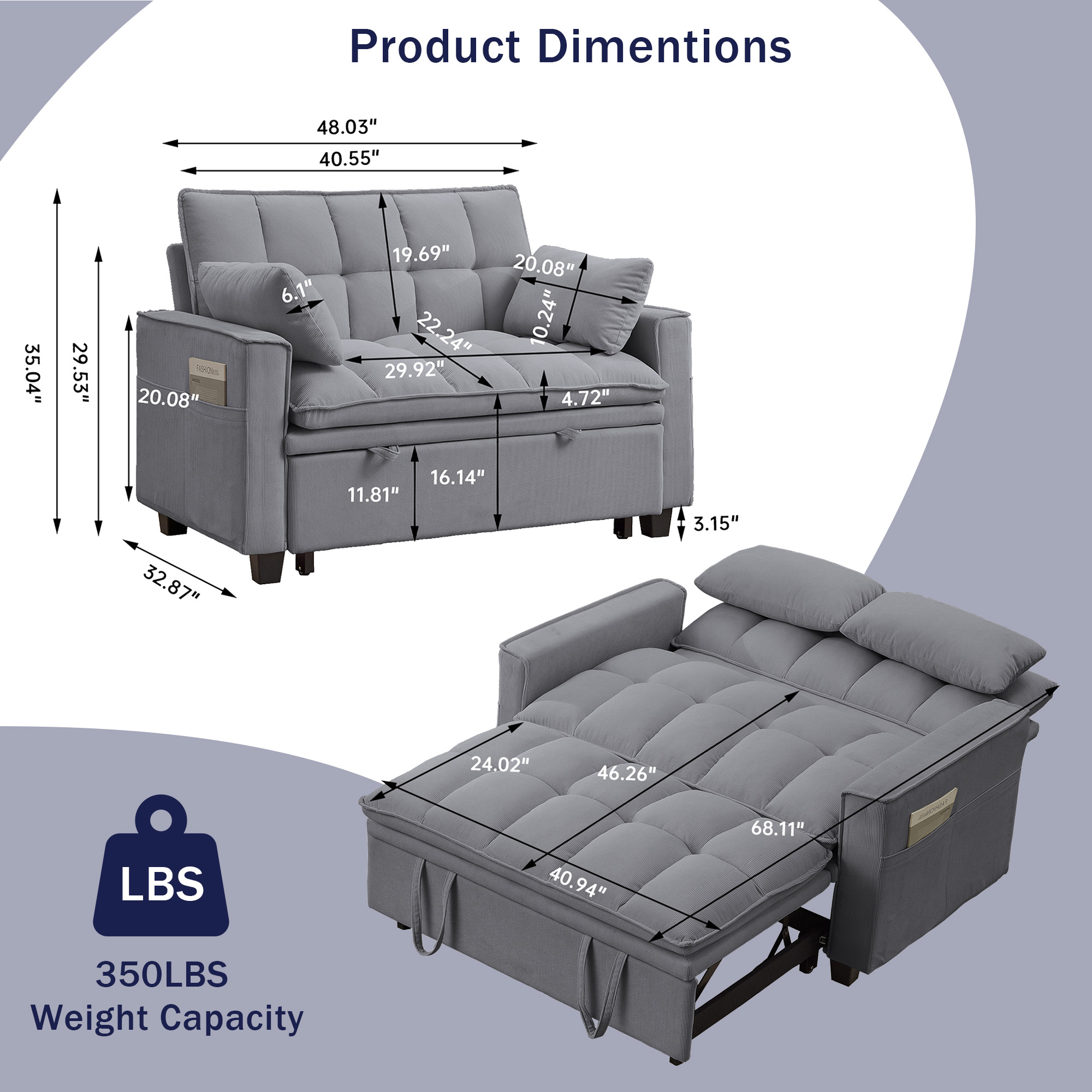Pingliang Home Convertible Loveseat Reclining Sleeper Sofa Pull Out Bed,2 Seat Small Couch with Storage Side Pockets,for Living Room Apartment Office Studio
