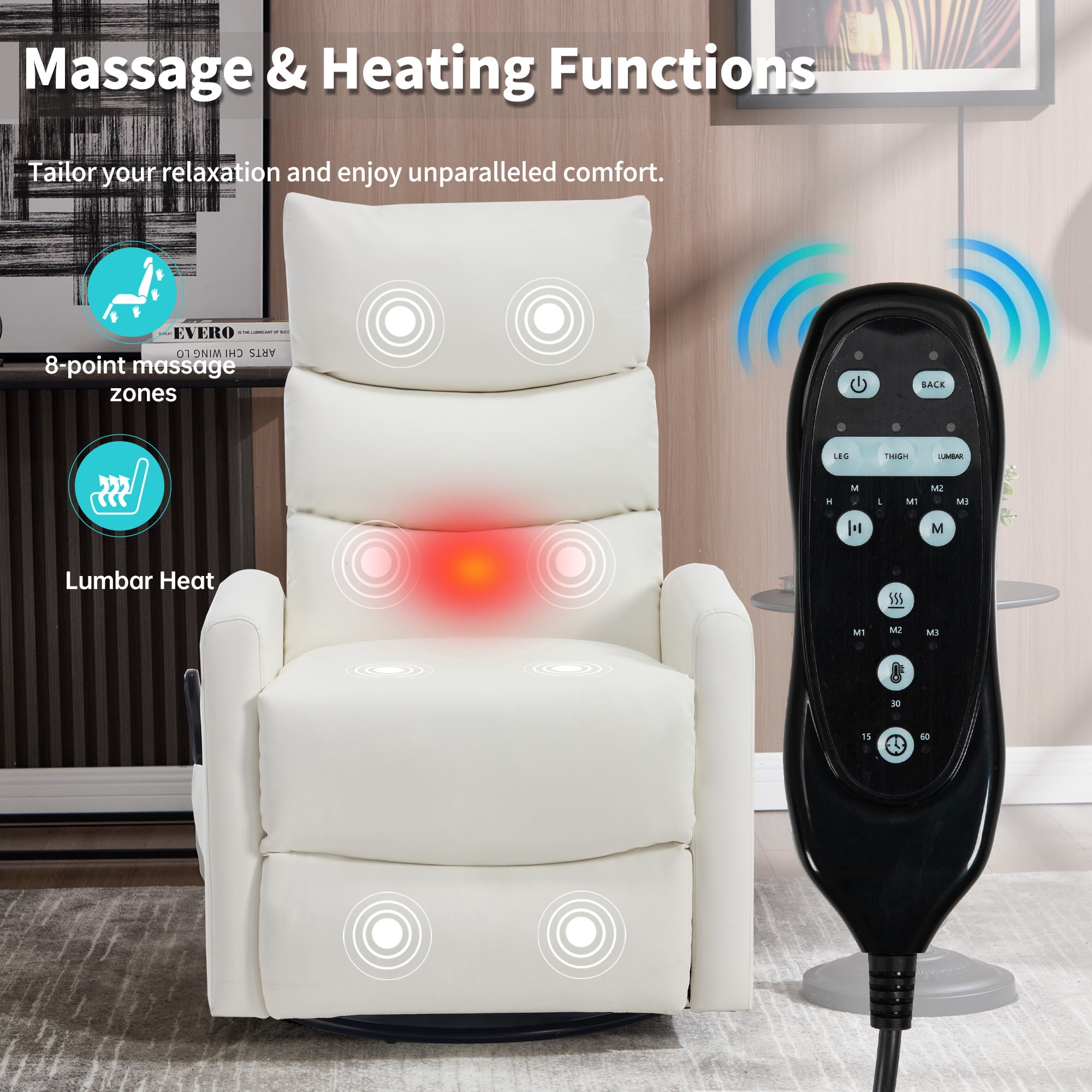 Leumius Swivel Recliner Chair,360° Glider Rocking Chair with Massage and Heating,PU Leather Small Manual Recliner for Nursery Home Theater,White PU
