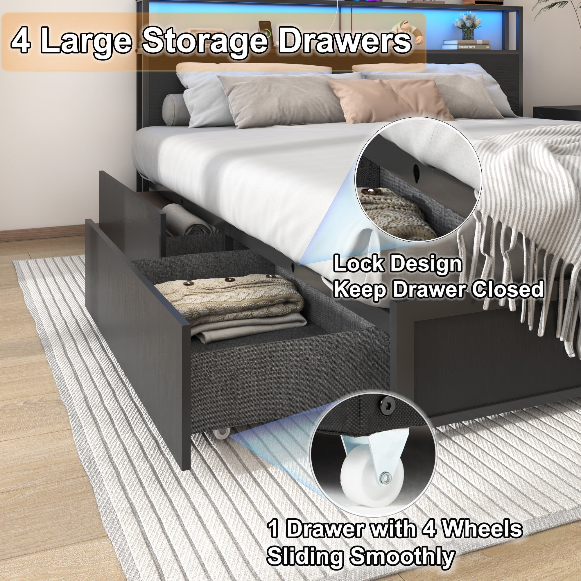 LED Full Bed Frame with Storage Headboard & 4 Drawers, Industrial Metal Platform Bed with Power ｃｈａｒ(图3)