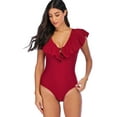 thumbnail image 5 of SAYFUT Women's One Piece Swimsuit V Neck Ruffle Monokinis Swimwear Crossback Bathing Suits Black/Jujube Red, 5 of 7