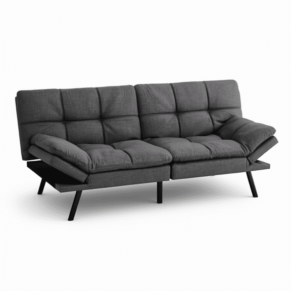 71" Convertible Futon Sofa Bed with Linen Fabric and Memory Foam, Modern Love Seat with Backrests and Armrests for Living Room, Apartment, Office, Charcoal Grey Sleeper Couch