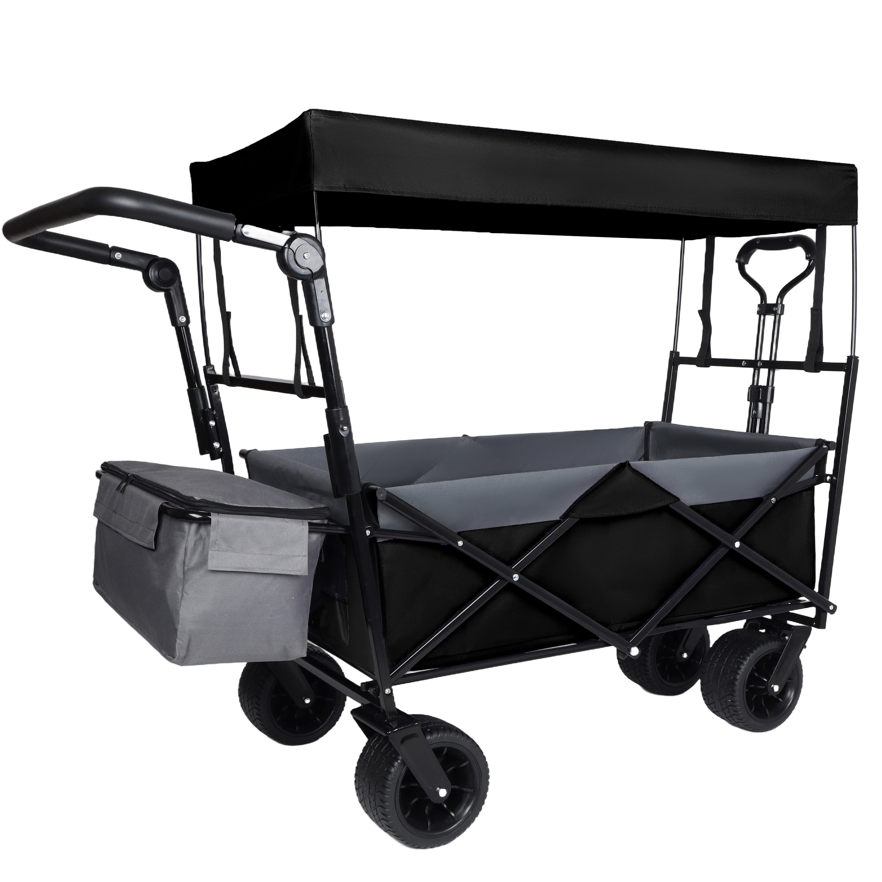 Collapsible Wagon with Push Handle & Canopy, Black, 480LBS Heavy-Duty Folding Cart, 7"×4" All-Terrain Wheels, Large Capacity for Camping, Shopping, Garden