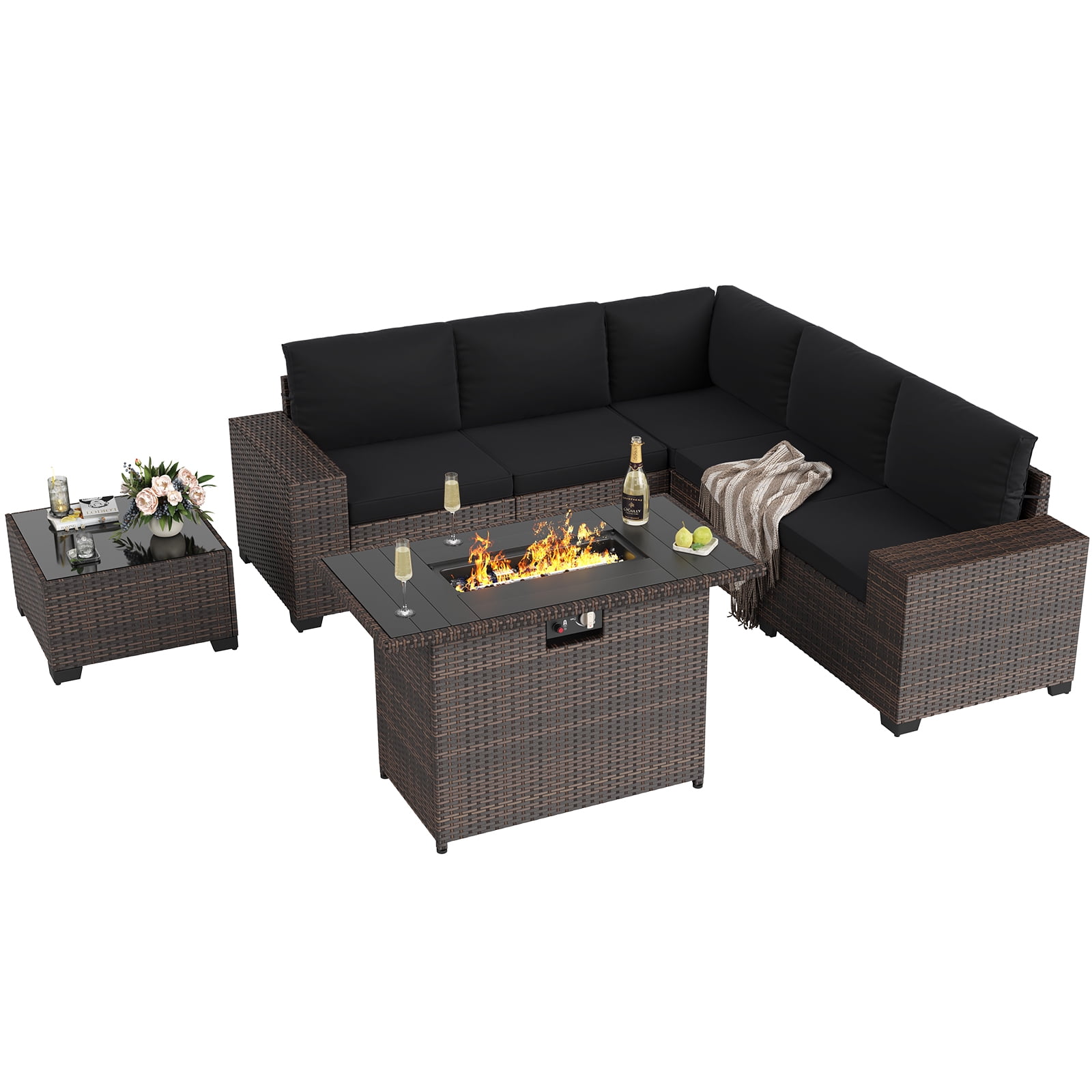 STARY 7 Pieces Outdoor Conversation Set With Fire Pit Table, Wide Armrests Outdoor Modular Wicker Furniture Set, Black