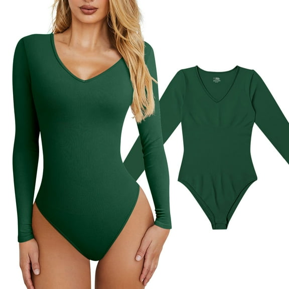 Aayomet Women's Knitted Underwear Crew Neck Long Sleeve Leggings Slim Jumpsuit Bodysuit Top,Green XL