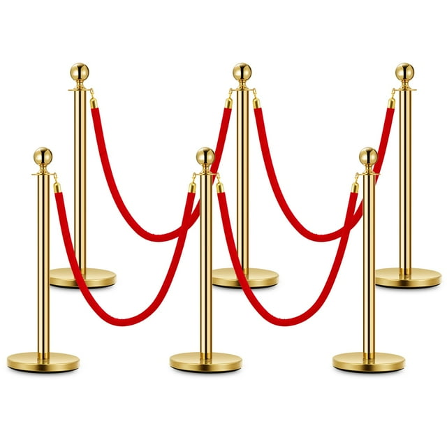 Towallmark Gold Stanchion Posts with Red Suede Rope – Luxury Crowd Control Barriers for VIP Events, Museums, Hotels & Red Carpet Entrances – 6-Pack | 4 Soft Ropes