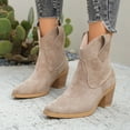 thumbnail image 3 of Rokment Cowboy Ankle Boots for Women Fashion Casual Solid Suede Pointed Toe Chunky Block High Heel Wide Calf Slip on Cowgirl Dress Short Booties Fall Winter Beige Size 6, 3 of 8