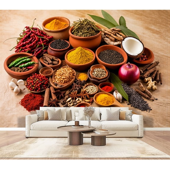 Wallpaper Spices Photography Food Drink Brown Orange Decor Spices Peel and Stick Wall Murals 100"H x 144"W Removable PVC Wall Paper Self-Adhesive Wall Paintings Art Decor for Bedroom Living Room