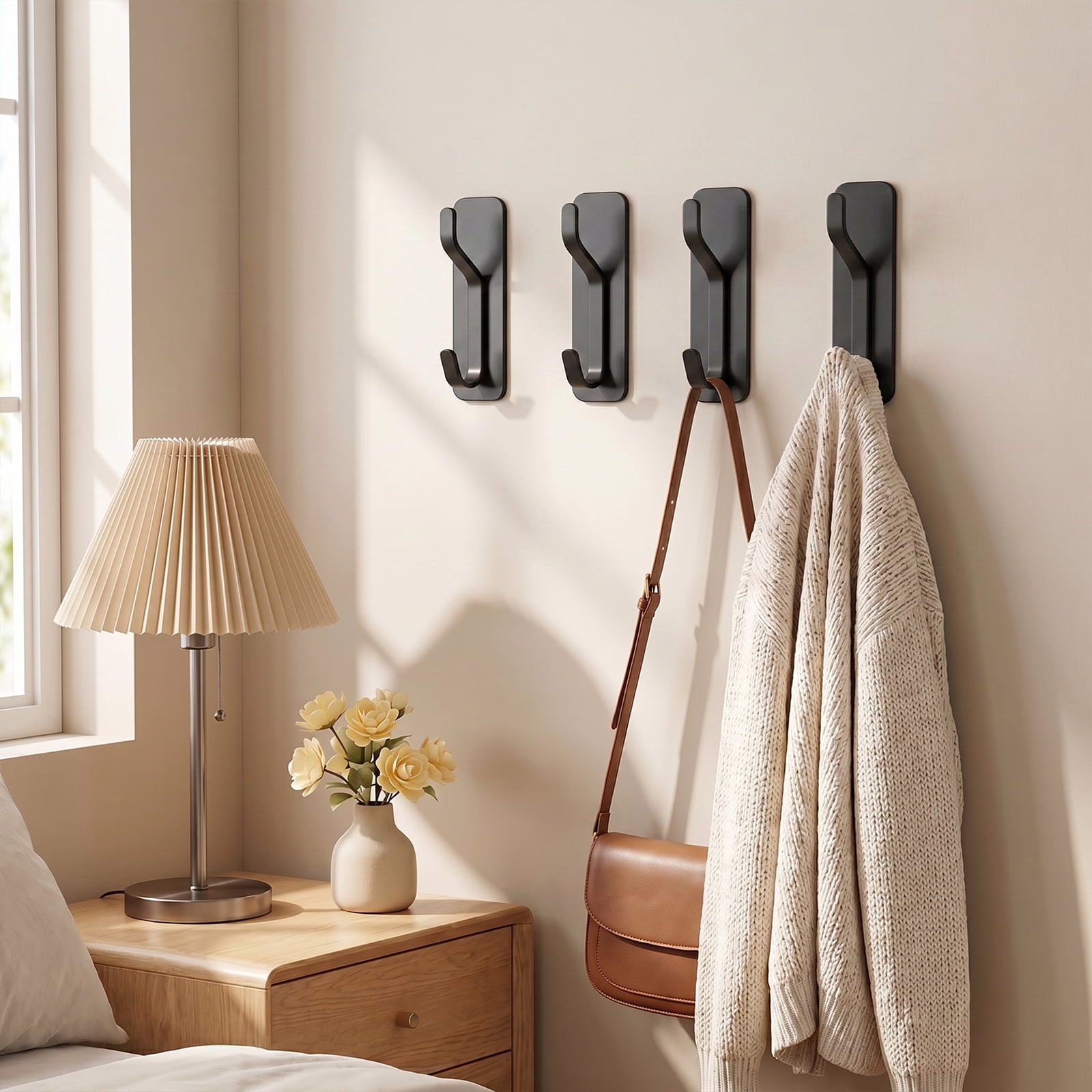 Koomade 4 Packs Coat Hook Wall Mounted Self-Adhesive Hanger for Shower Kitchen Bathroom,  Wall Hook for Towel, Backpack, Hat, Clothes, Keys, Purse, Black