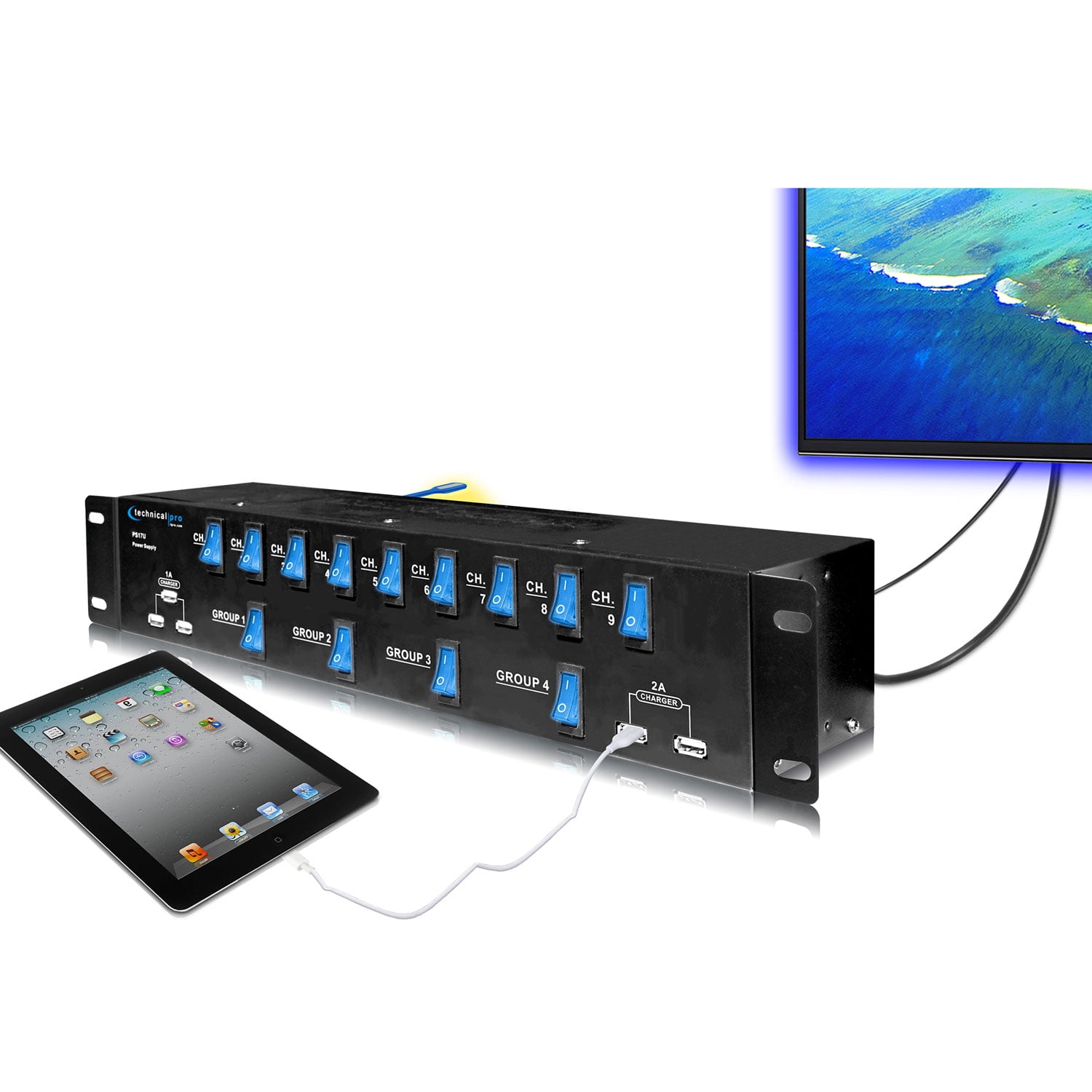 Technical Pro 1800 Watts Rack Mount 17 Outlet Power Supply Surge Protector with 5V USB Charging Ports, 13 power switches, Useful for DJ, PA, karaoke, studio and home