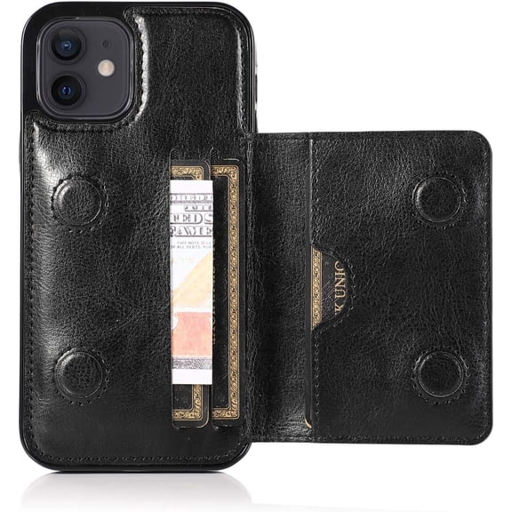 Card Slot Holder Wallet Case Compatible with iPhone 12 Mini 5.4 inch 2020, Premium PU Leather Case Kickstand with Hidden Magnetic Closure Flip Shockproof Protective Cover - Black