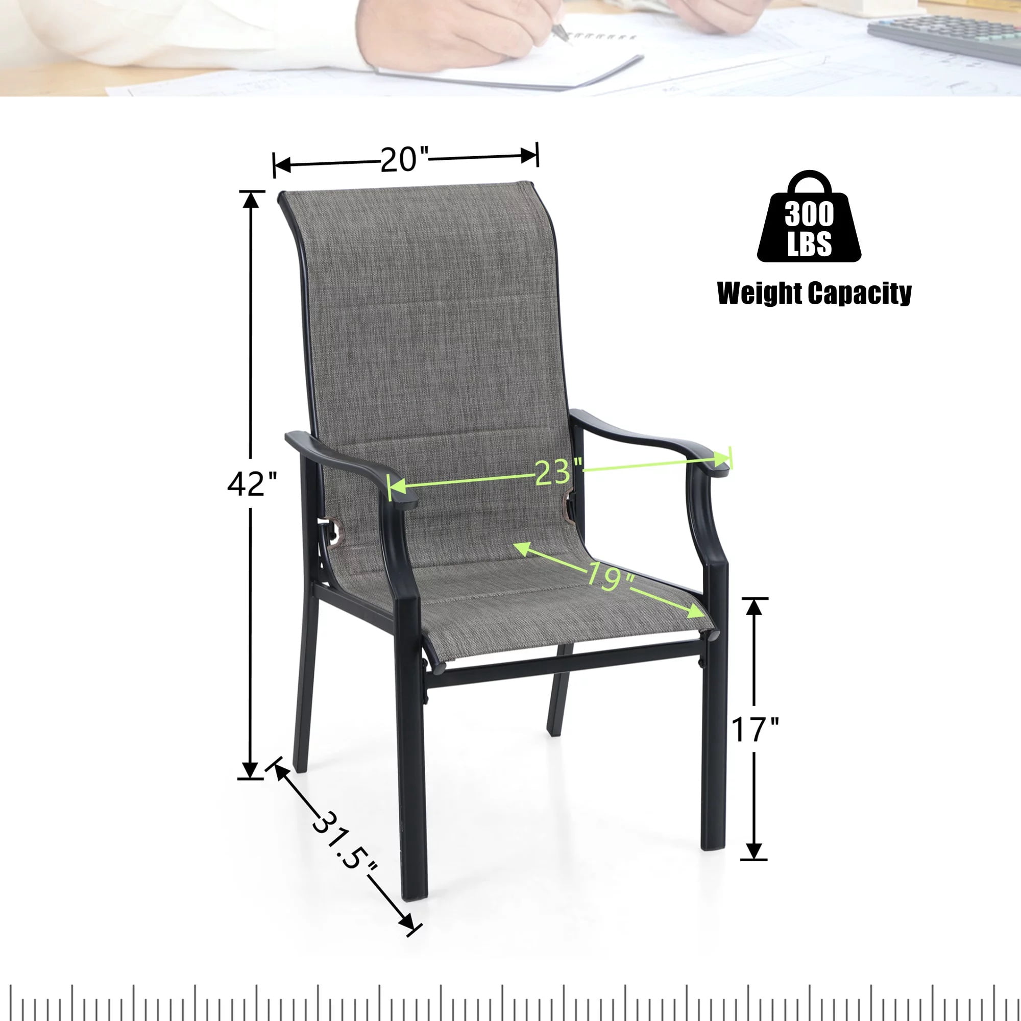 SUMMIT LIVING 2-Piece High-Back Outdoor Patio Dining Chairs with Quick-Dry Padded Textilene, Black & Gray-brown