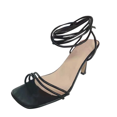 

high heels for Women Women Fashion Summer Square Toe Sandals Large Size Strap Thin High Heels Furry heeled sandals Black