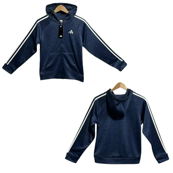 Adidas Boys Full Zip Fleece Hooded Track Jacket Sz XL (18-20) Navy Blue 3-Stripe