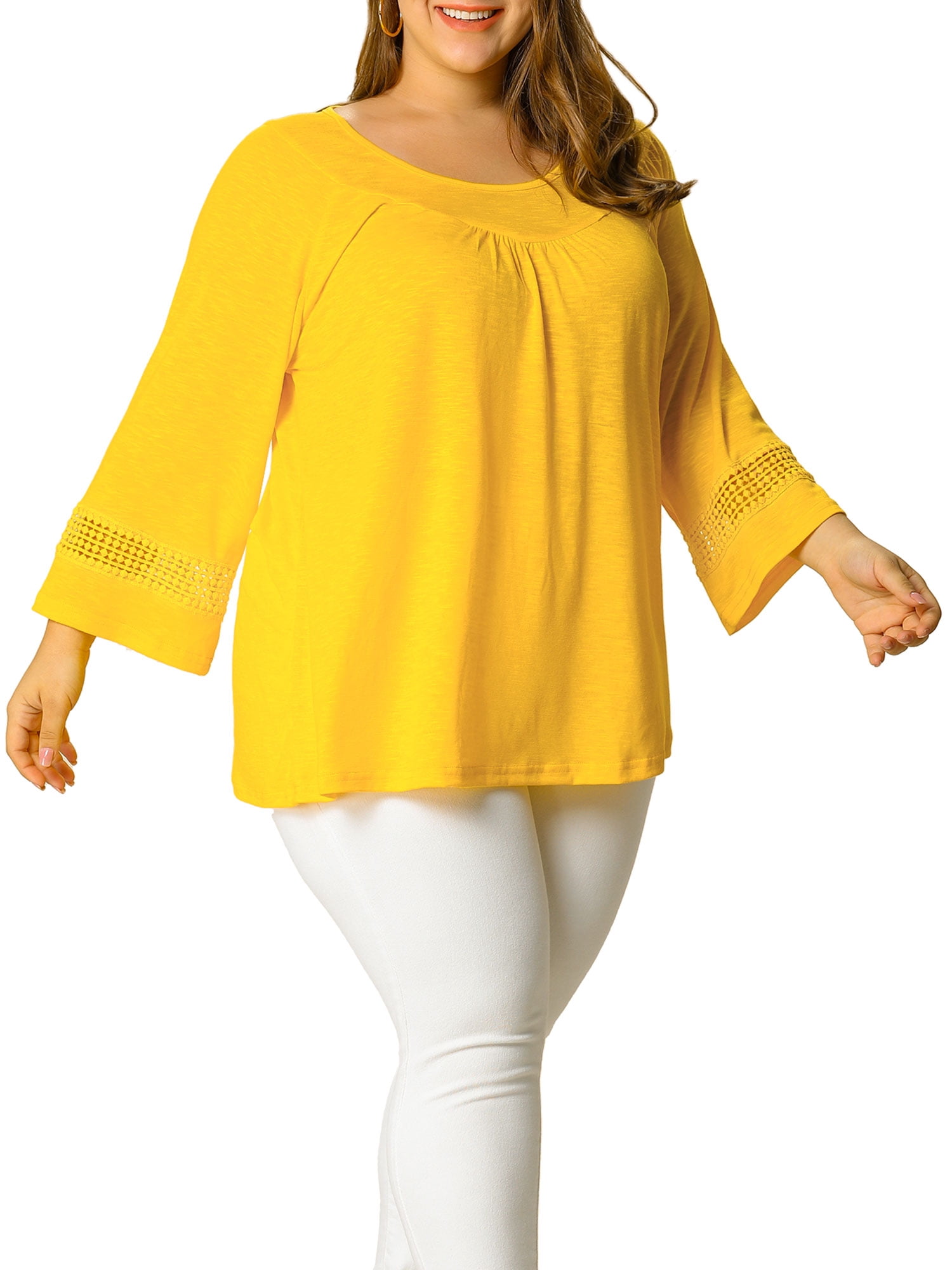Unique Bargains Juniors' Plus Size Crochet Panel Kimono Raglan Sleeves Ruched Front Top Yellow 2X