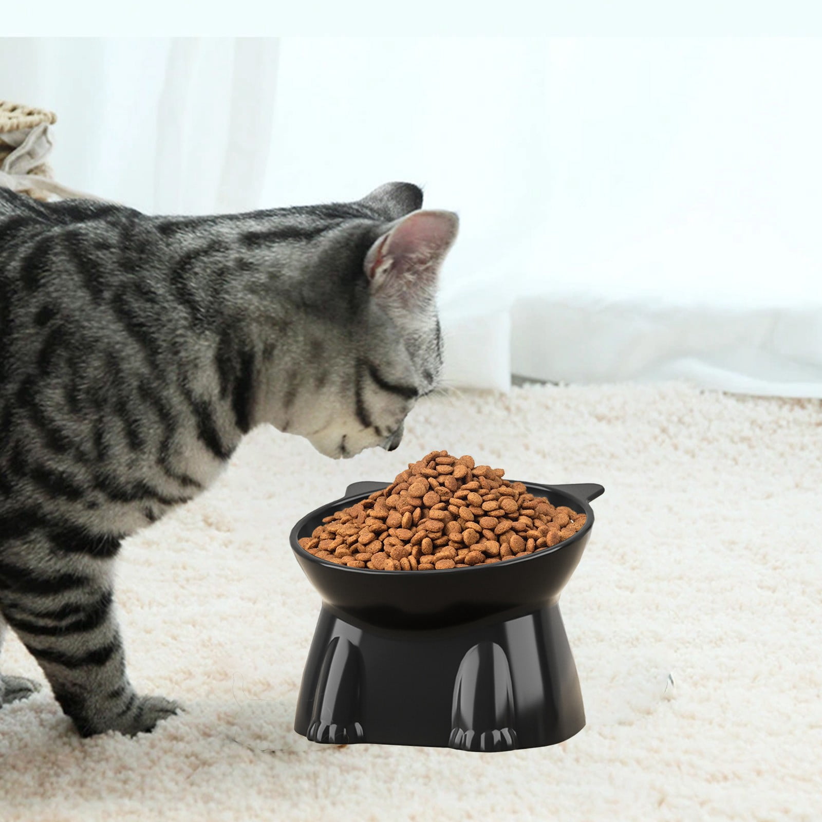 Elevated Black Cat Food Bowl, 250ml Whisker-Friendly Raised Plastic Bowl with Anti-Tip Bottom for Neck Protection