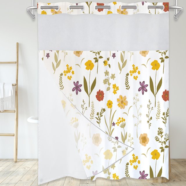Dznils Cortina Shower de Tela Blanca sin Gancho con Forro a Presión, 72 x 74, Estampado Floral Amarillo