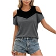 thumbnail image 3 of ClodeEU Women's Color Block Cold Shoulder Short Sleeve T-Shirt, Casual Cut-Out Shoulder Tee Dark Gray,Women's Plus L, 3 of 8