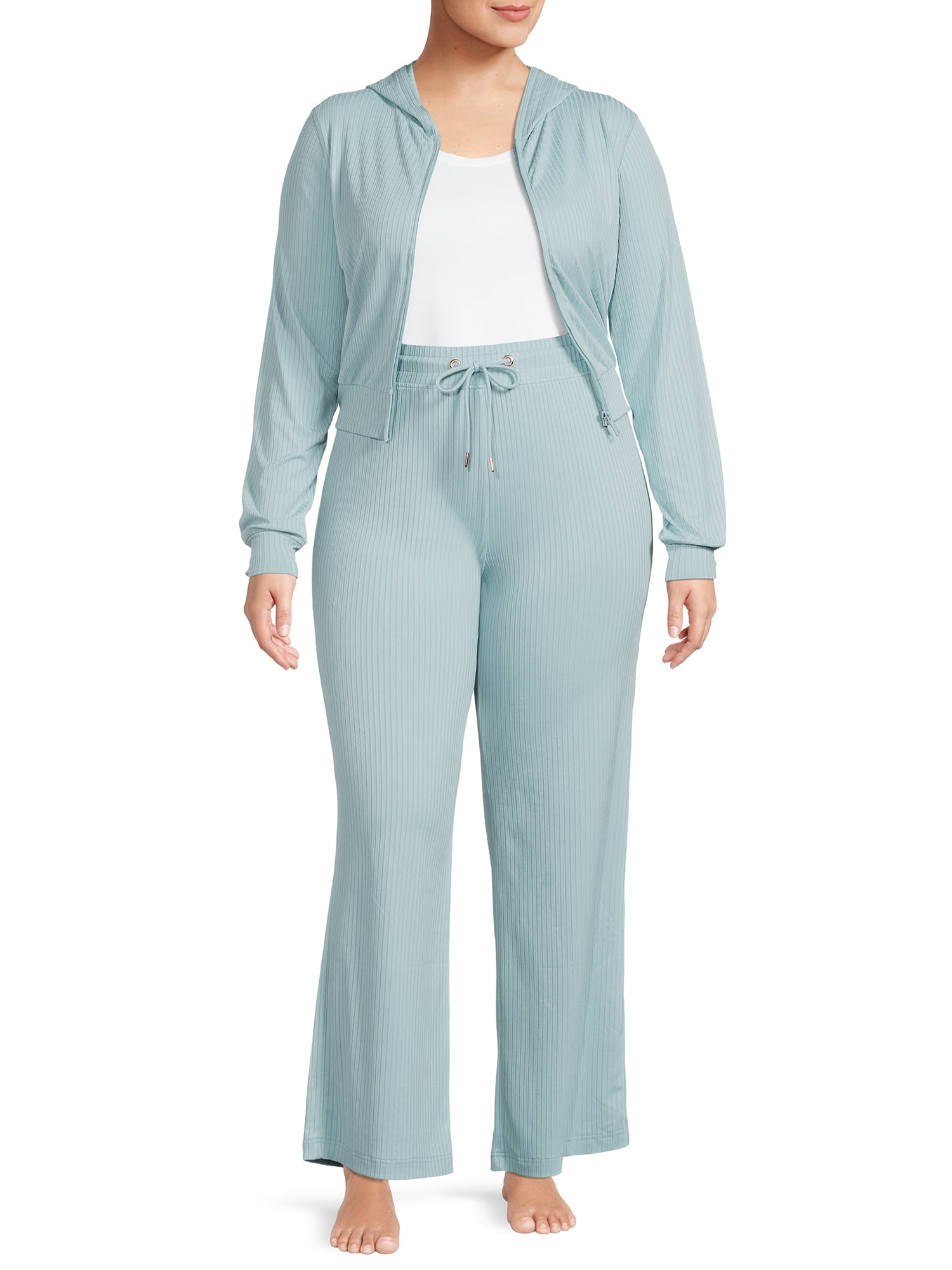 Secret Treasures Women's Ribbed Full Zip Hoodie and Pants Set, 2-Piece