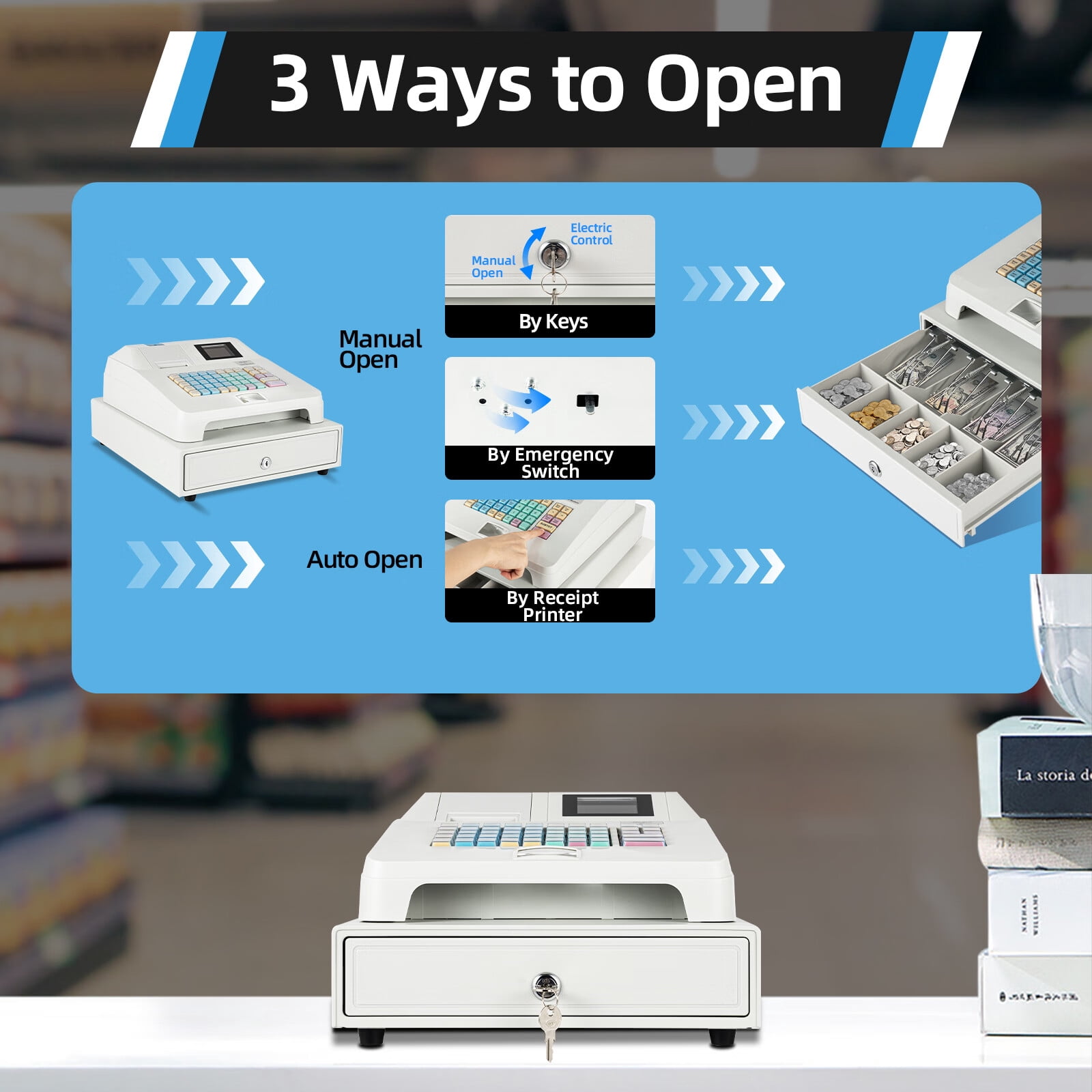 Aiqidi Electronic Cash Register POS Syetem 48 Keys 8 Digital LCD Display Casher with Flat Keyboard and Drawer Box for Retail Restaurant Shop 110V