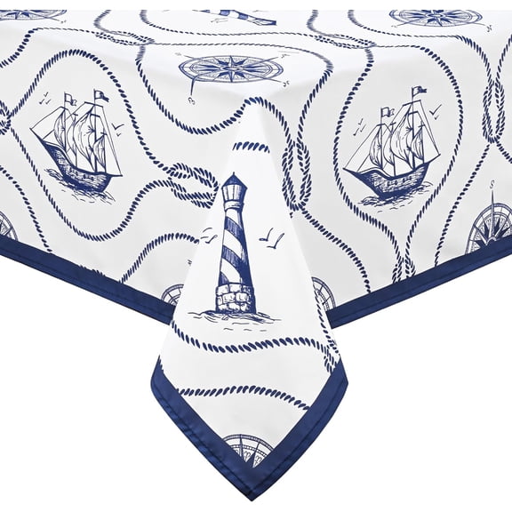 Nautical Compass Tablecloth Summer Table Cloth Rectangle Table Blue Waterproof Spill Proof Table Cloths, Washable Anchor Outdoor Tablecloth for Dining/Party 60x84 in