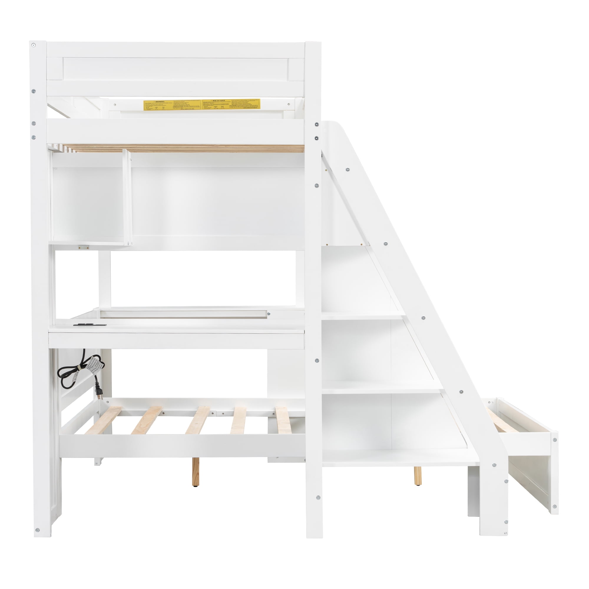Euroco Wood Twin XL over Full Bunk Bed with Desk, Storage Bed with Shelves and USB Ports, White