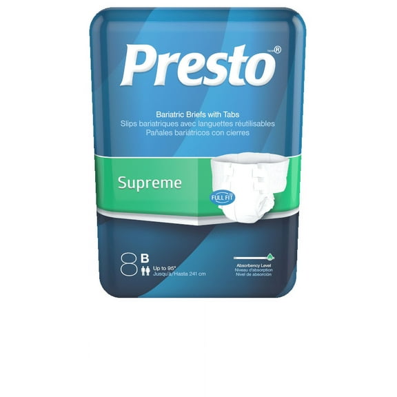 PRESTO Supreme Full Fit Incontinence Diapers/Briefs for Women and Men - Adult Diapers, Disposable, Bariatric Up to 95" Waist, 32/Case (4 bags of 8)