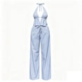 thumbnail image 4 of KIHOUT Women's Striped Halter Neck V-Neck Top and Drawstring Waist Wide Leg Pants Two Piece Set with Pockets for Casual Beachwear and Everyday Wear, 4 of 8