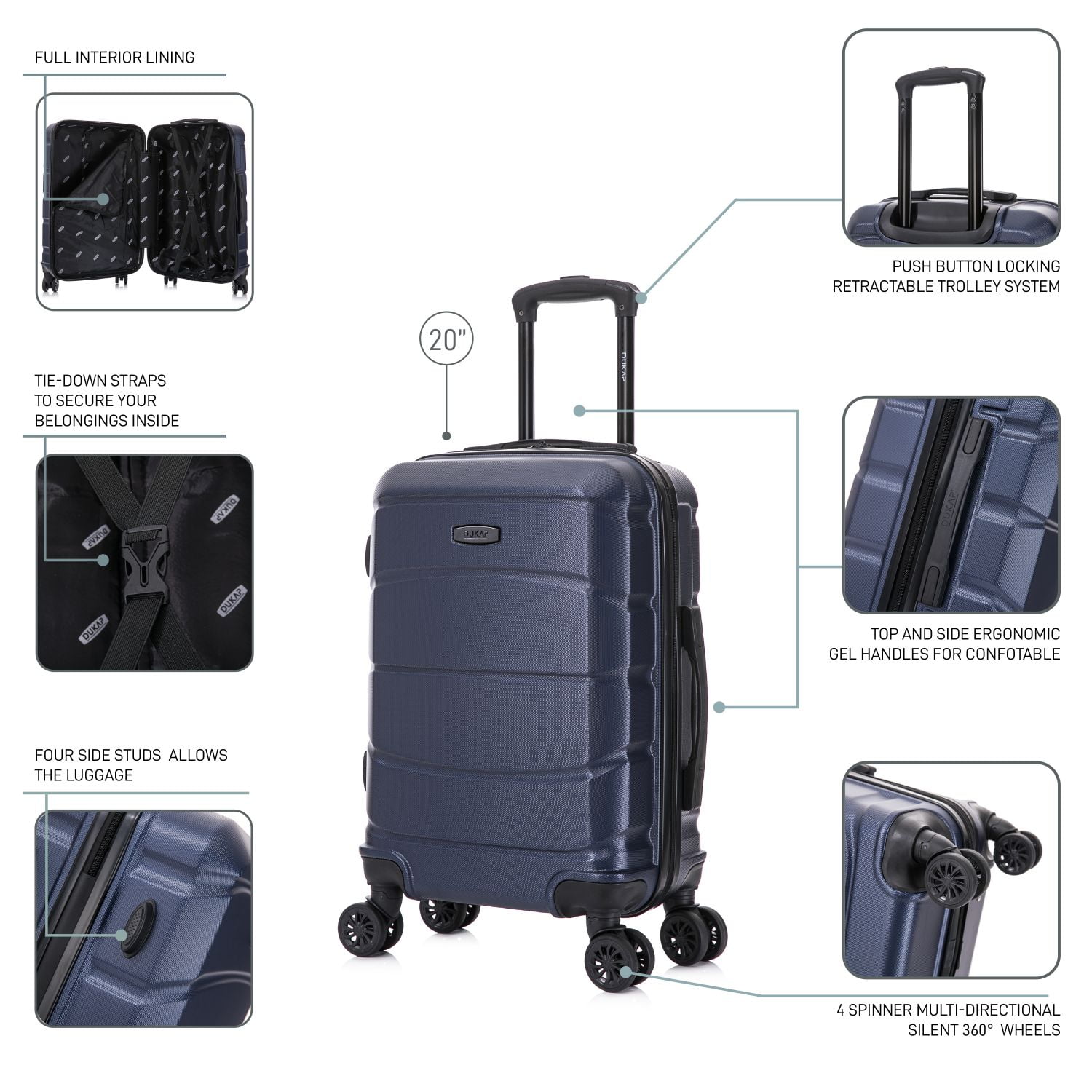 DUKAP SENSE 20" Hardside Lightweight Carry On Luggage with Spinner Wheels, Handle and Trolley, Blue