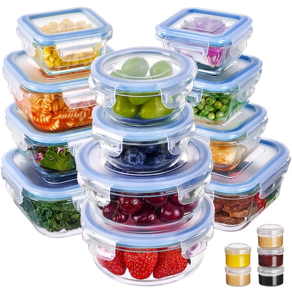 Sindcom 34pcs Glass Food Storage Containers with Lids Set, Airtight Meal Prep Containers (17 Containers & 17 Lids), Blue
