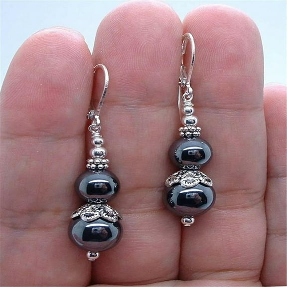 K-KED Charming Shining 8-10mm Gray Hematite Round Gems Beads Leverback Earrings AAA