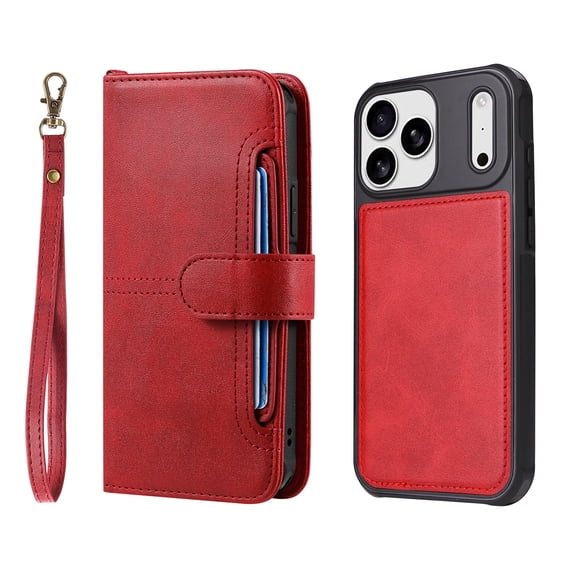 ELEHOLD 3-in-1 Magnetic Detachable Wallet Case for iPhone 17 Pro, Shockproof Premium Leather Flip Stand Cover with Wrist Strap, Red
