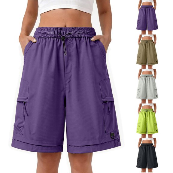 Bermuda Shorts for Women Drawstring Elastic Waist Solid Cargo Shorts Summer Casual Loose Fit Lightweight Breathable Outdoor Shorts, M