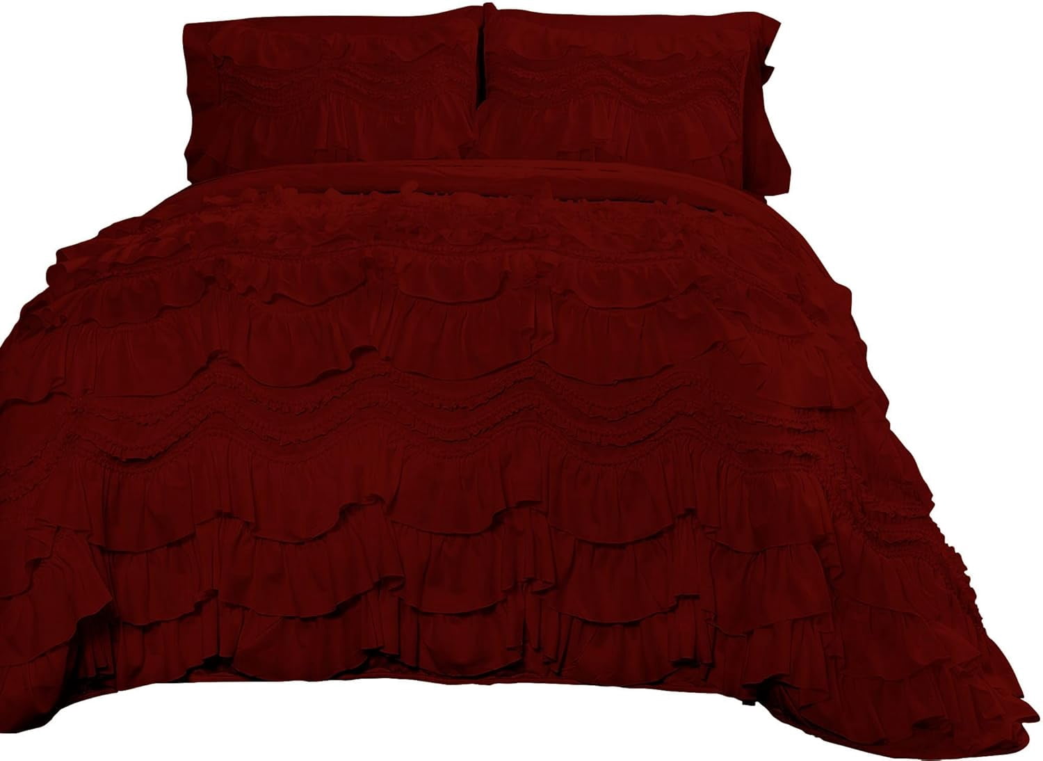 D.N.G. BEDDINGS 800 Thread Counts, 100% Egyptian Cotton, 550 GSM Microfiber filled Quilt Ruffled With Small Pom Pom Textured 1 Piece Twin/TwinXL Size Comforter, Burgundy