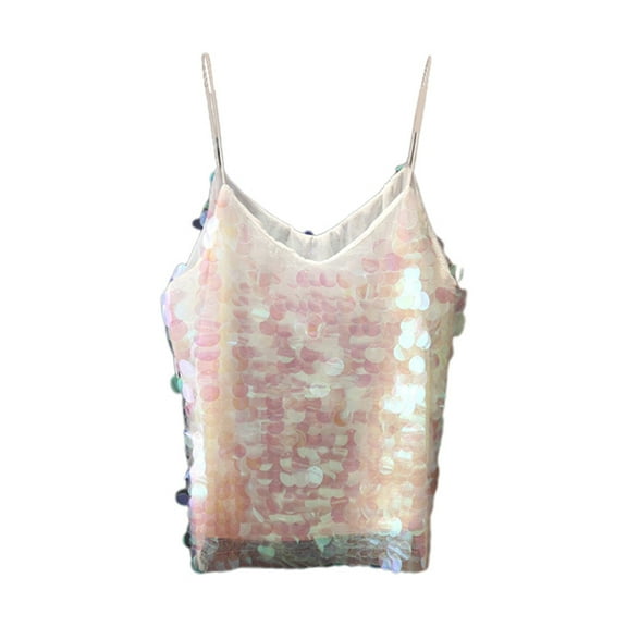 Sexy V Neck Fish Scale Sequined Tank Top Shiny Spaghetti Strap Vest For Women