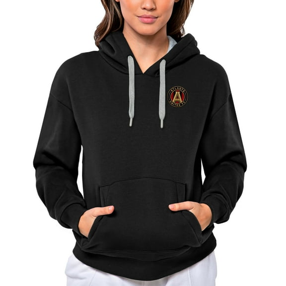 Women's Antigua Black Atlanta United FC Team Logo Victory Pullover Hoodie