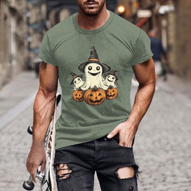 Blusas y camisas de manga corta y cuello redondo para hombre. Blusas/camisetas de manga corta con cuello redondo y estampado de Halloween para hombre. Blusa para hombre.