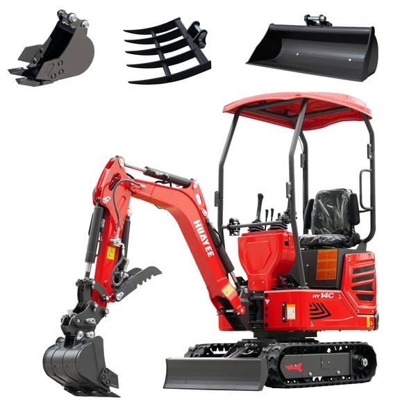 HUAYEE 1.4 Ton Mini Excavator with 31.5in Straight Edge Bucket, 8in Digging Bucket, Landscape Rake, HY14C Small Digger with 13.5 HP Engine, Side Swing, Hydraulic Thumb, In-stock in the US
